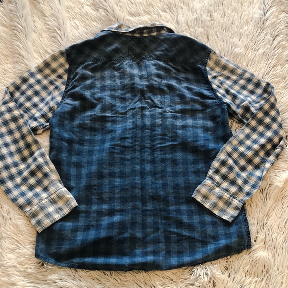 Guess Blue and White Plaid Patchwork Long Sleeve Button Down - Picture 2 of 5